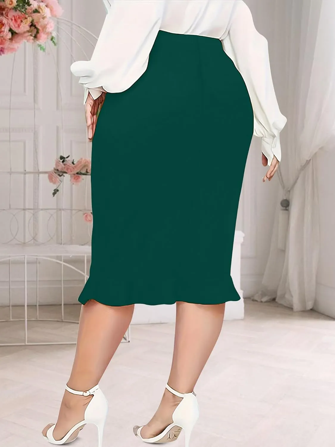 Plus Size Midi Pencil Skirt for Curvy Women - Stretch Office Fishtail Skirt Peplum Cocktail Party Skirts High Waist