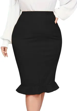 Plus Size Midi Pencil Skirt for Curvy Women - Stretch Office Fishtail Skirt Peplum Cocktail Party Skirts High Waist