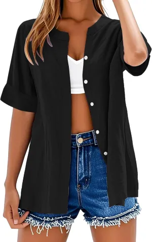 Plus Size Summer Clothes for Women Linen Work Tops Button Down V Neck Boho Clothes Beach Solid Blouses 2025
