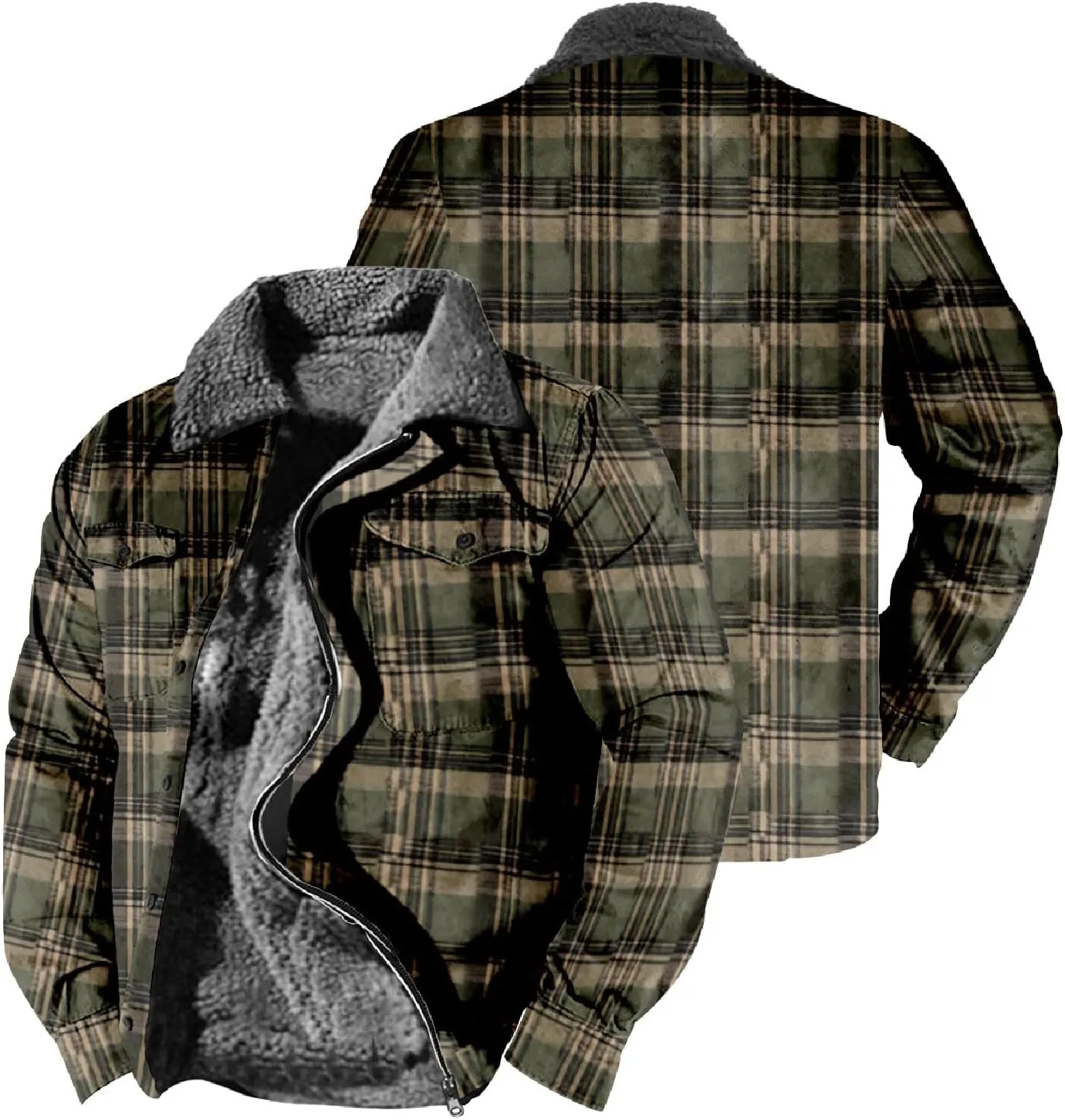 QWENTMTNTY Men Fleece Lined Sherpa Jacket Western Plaid Flannel Jackets Zip Up Big & Tall Thickened Thermal Heavyweight Coat