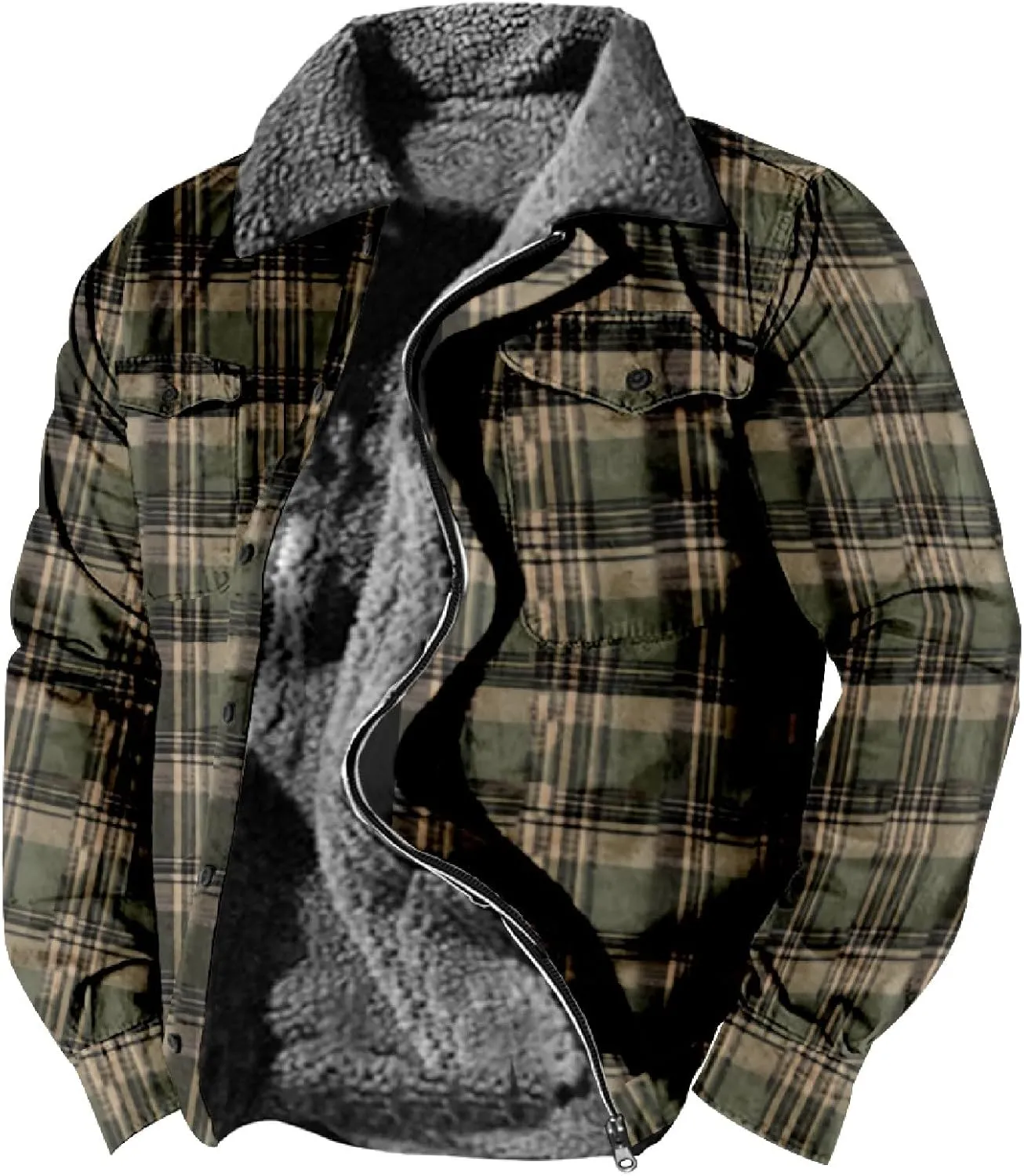 QWENTMTNTY Men Fleece Lined Sherpa Jacket Western Plaid Flannel Jackets Zip Up Big & Tall Thickened Thermal Heavyweight Coat