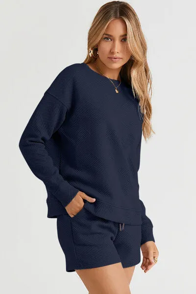 TEEK - Texture Long Sleeve Top and Drawstring Shorts Set