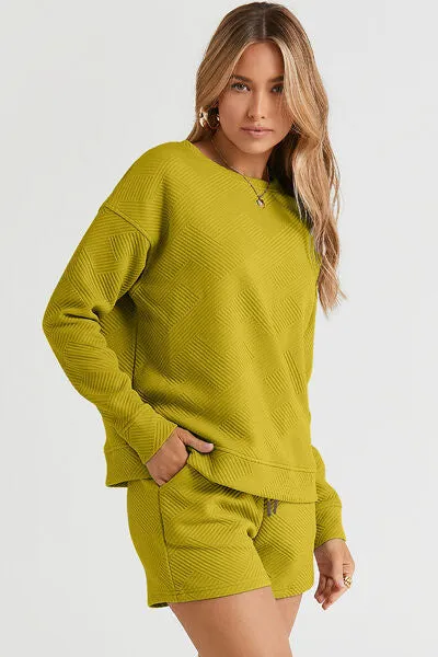 TEEK - Texture Long Sleeve Top and Drawstring Shorts Set