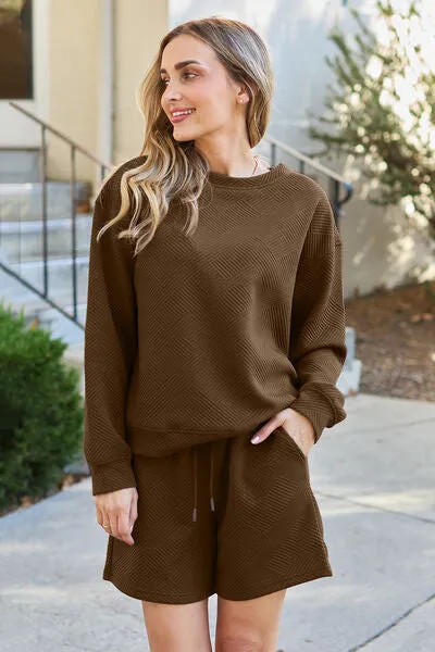 TEEK - Texture Long Sleeve Top and Drawstring Shorts Set