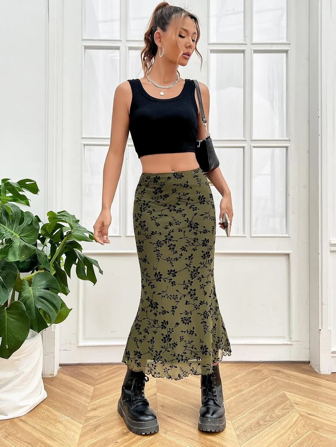 Verdusa Women's Lettuce Trim High Waist Mesh Fishtail Bodycon Long Skirt