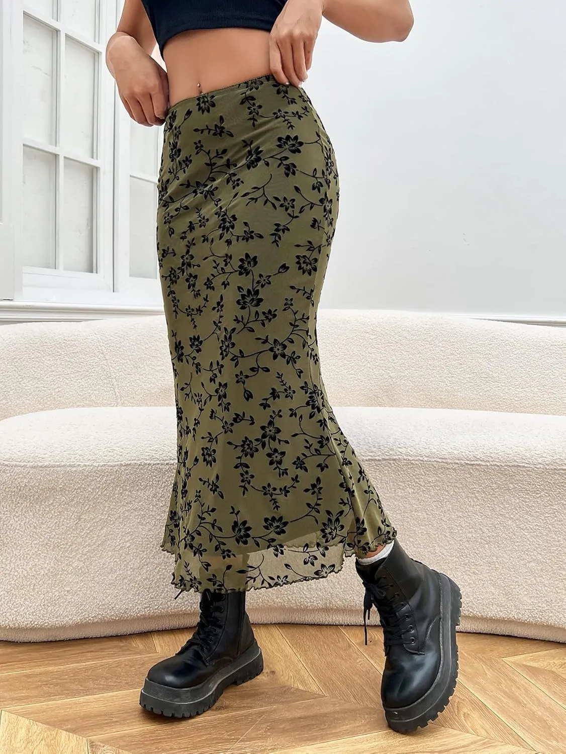 Verdusa Women's Lettuce Trim High Waist Mesh Fishtail Bodycon Long Skirt