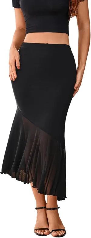 Verdusa Women's Ruffle Hem High Waist Mesh Fishtail Bodycon Midi Skirt