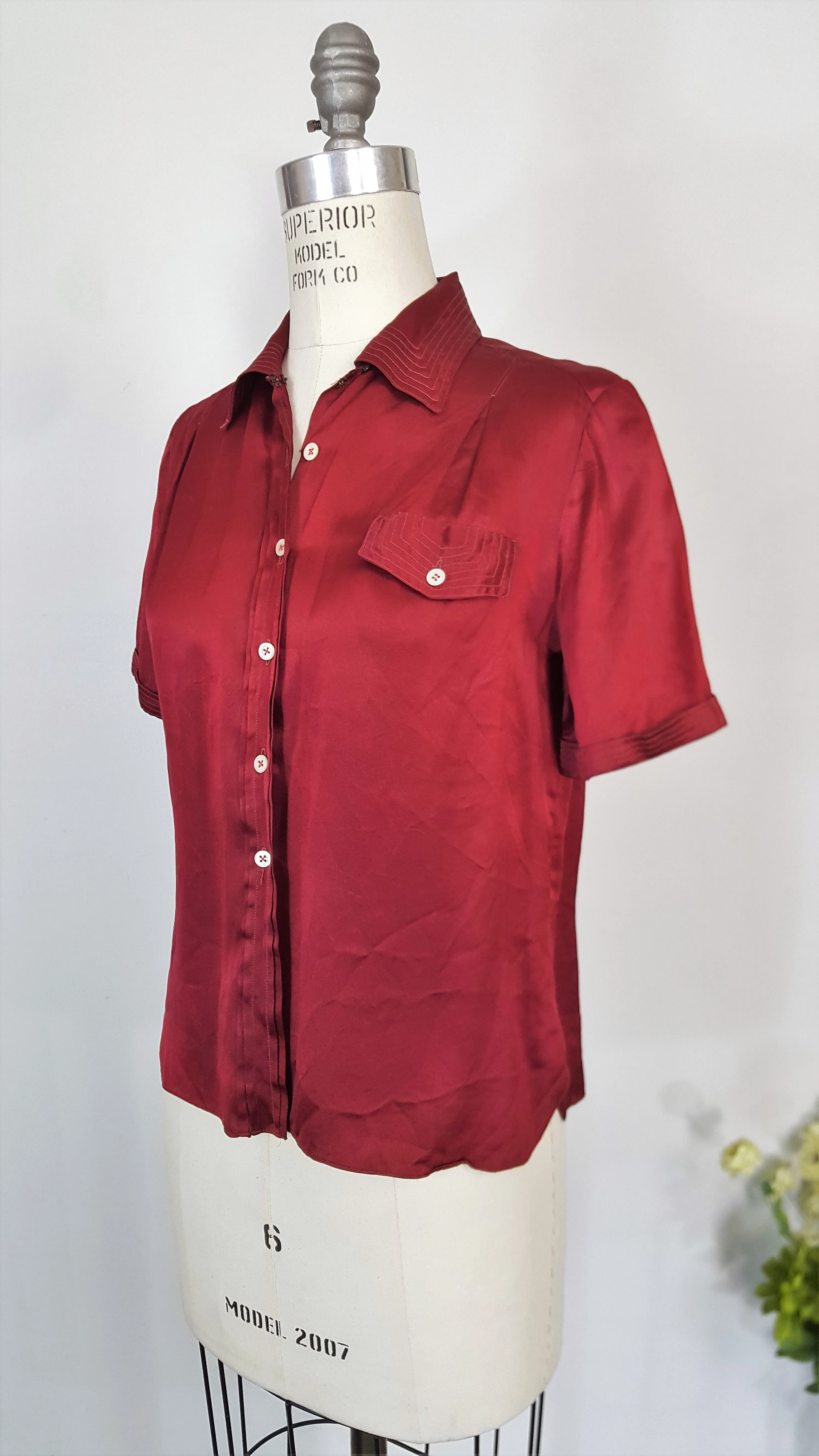 Vintage 1940s Dark Red Satin Blouse