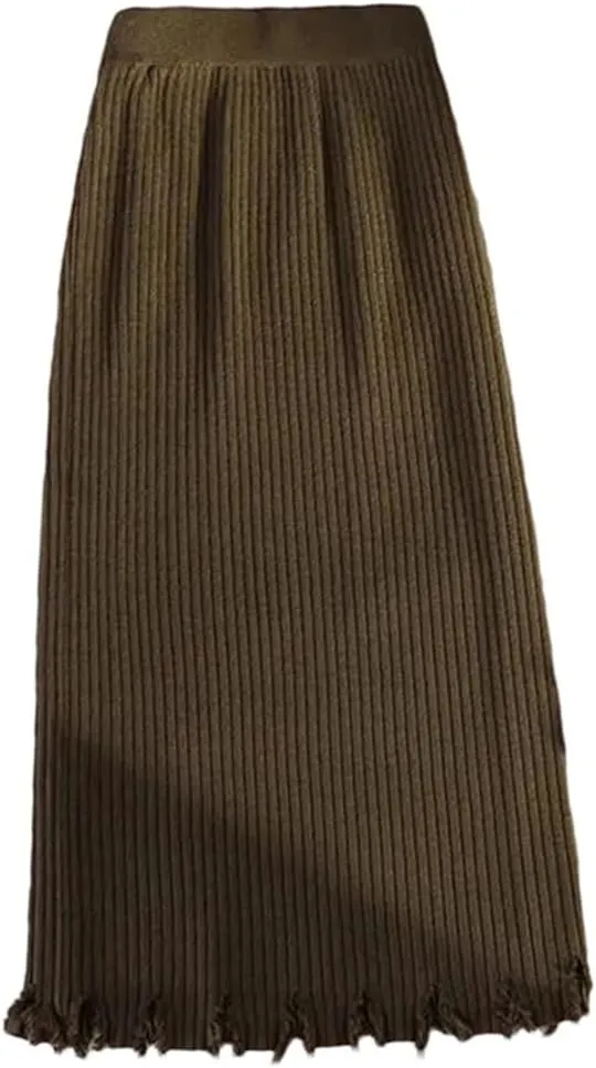 Vsadsau Women's Knitted Mid-Length Pencil Skirt Winter Stretch High Waist A-Line Straight Skirts