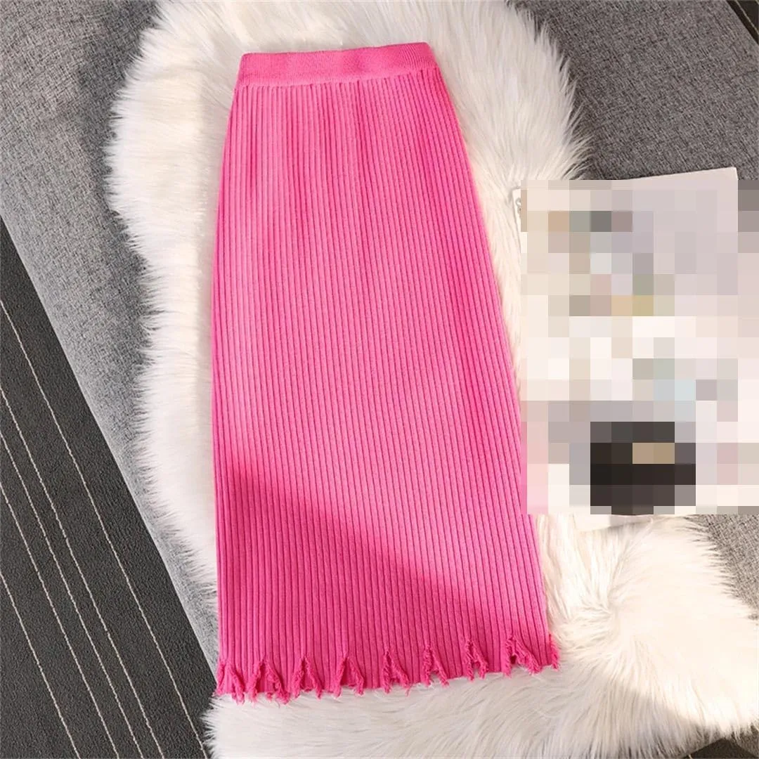 Vsadsau Women's Knitted Mid-Length Pencil Skirt Winter Stretch High Waist A-Line Straight Skirts