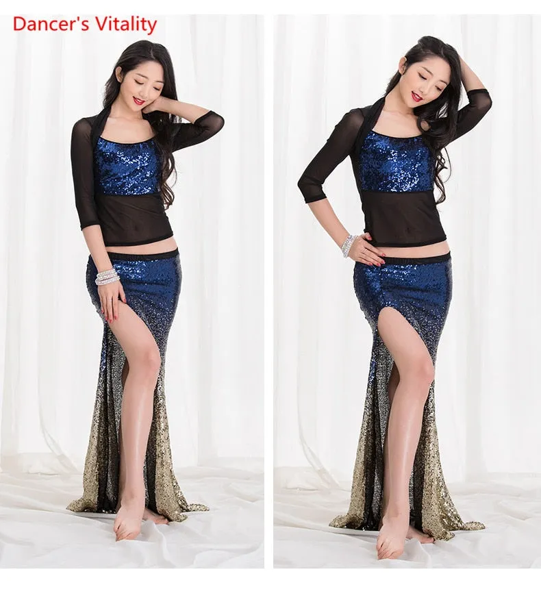 Women New Belly Dance Set  Oriental Dance Dance Competition Sequin   Costume Top Fishtail  Skirt 2pcs gypsy skirt   costume set