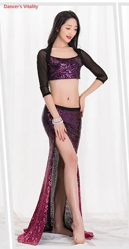 Women New Belly Dance Set  Oriental Dance Dance Competition Sequin   Costume Top Fishtail  Skirt 2pcs gypsy skirt   costume set