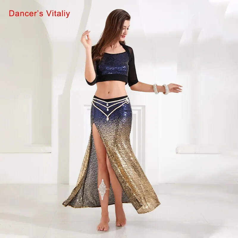 Women New Belly Dance Set  Oriental Dance Dance Competition Sequin   Costume Top Fishtail  Skirt 2pcs gypsy skirt   costume set