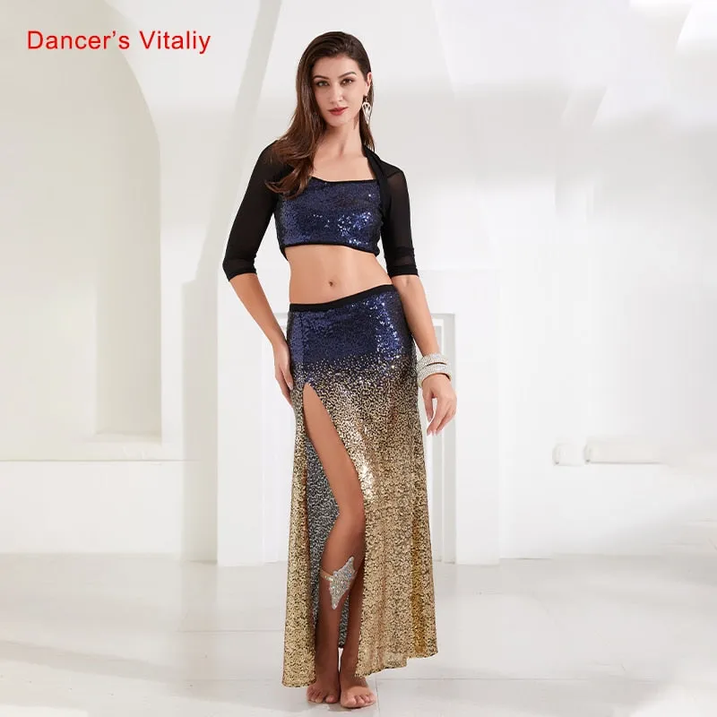 Women New Belly Dance Set  Oriental Dance Dance Competition Sequin   Costume Top Fishtail  Skirt 2pcs gypsy skirt   costume set