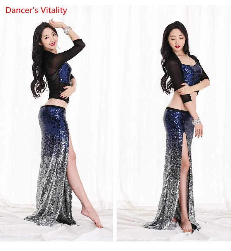 Women New Belly Dance Set  Oriental Dance Dance Competition Sequin   Costume Top Fishtail  Skirt 2pcs gypsy skirt   costume set