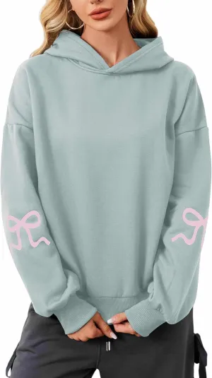 Women Pink Bow Hoodies Loose Fit Long Sleeve Graphic Preppy Hoodies Casual Y2k Cute Hoodies for Teen Girls Outfits