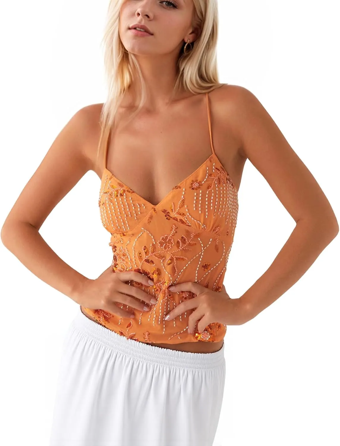 Women Sequin Cami Top Rhinestone Sparkle Sleeveless V Neck Camisole Open Back Summer Crop Top Party Clubwear