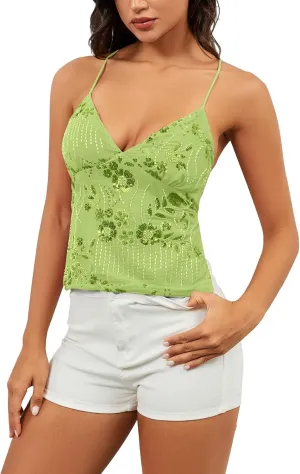 Women Sequin Cami Top Rhinestone Sparkle Sleeveless V Neck Camisole Open Back Summer Crop Top Party Clubwear
