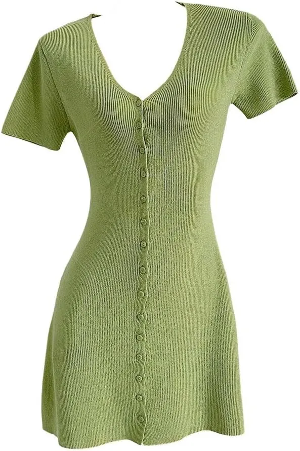Women Sexy Deep V Neck Button Front Knit Mini Dress Elegant Short Sleeve Ribbed Flowy Hem A-Line Short Dress