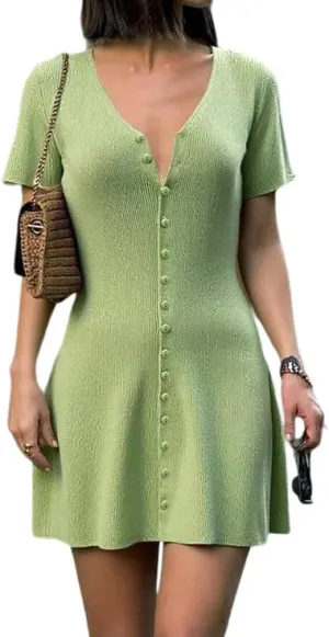 Women Sexy Deep V Neck Button Front Knit Mini Dress Elegant Short Sleeve Ribbed Flowy Hem A-Line Short Dress