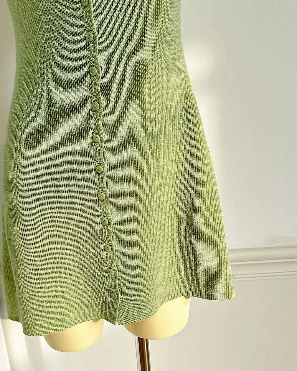 Women Sexy Deep V Neck Button Front Knit Mini Dress Elegant Short Sleeve Ribbed Flowy Hem A-Line Short Dress