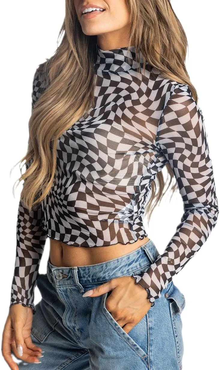 Women Y2k Lace Long Sleeve Top Sexy See Through Shirt Floral Mesh Crop Top Printed Layering Top