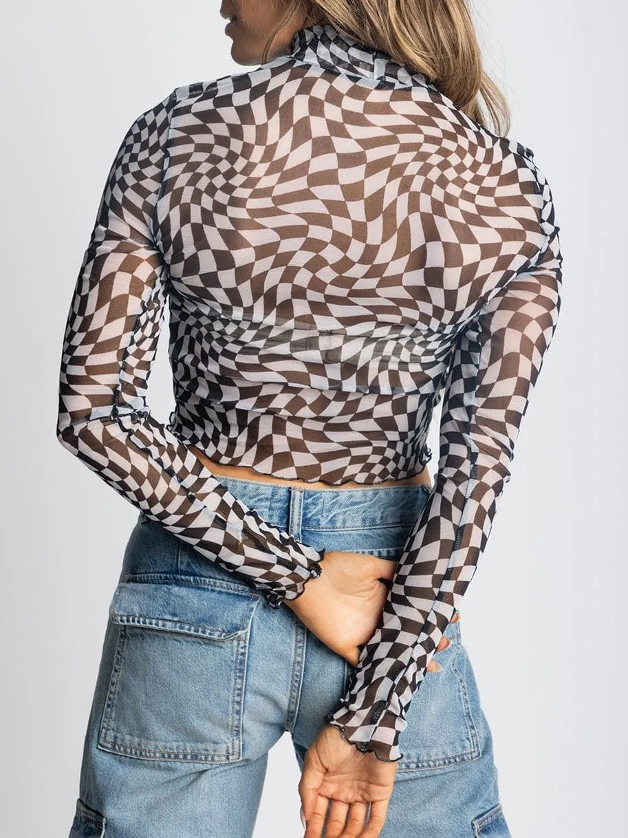 Women Y2k Lace Long Sleeve Top Sexy See Through Shirt Floral Mesh Crop Top Printed Layering Top