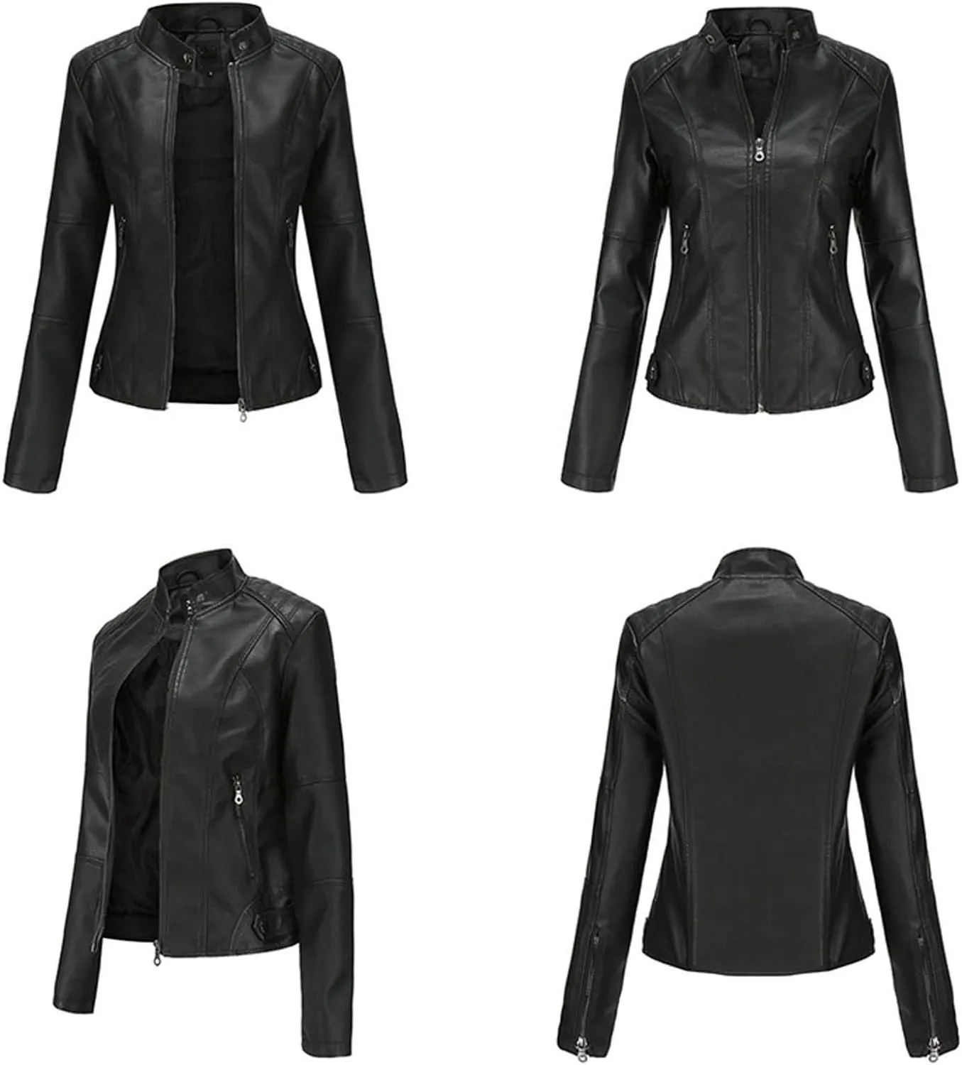 Women'S Faux Leather Motocross Racer Jacket Plus Size Motorcycle Zipper Moto Biker Short Outerwear Coat Bomber Jacket