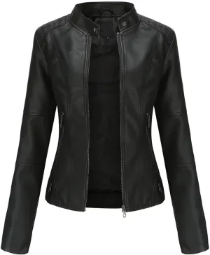 Women'S Faux Leather Motocross Racer Jacket Plus Size Motorcycle Zipper Moto Biker Short Outerwear Coat Bomber Jacket