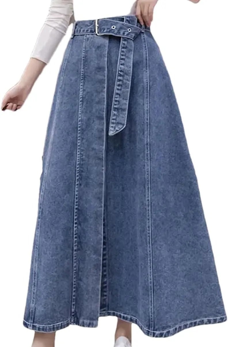 Women's High-Waisted A-Line Denim Skirt Semi-Long Umbrella Button Spring Casual Skirt