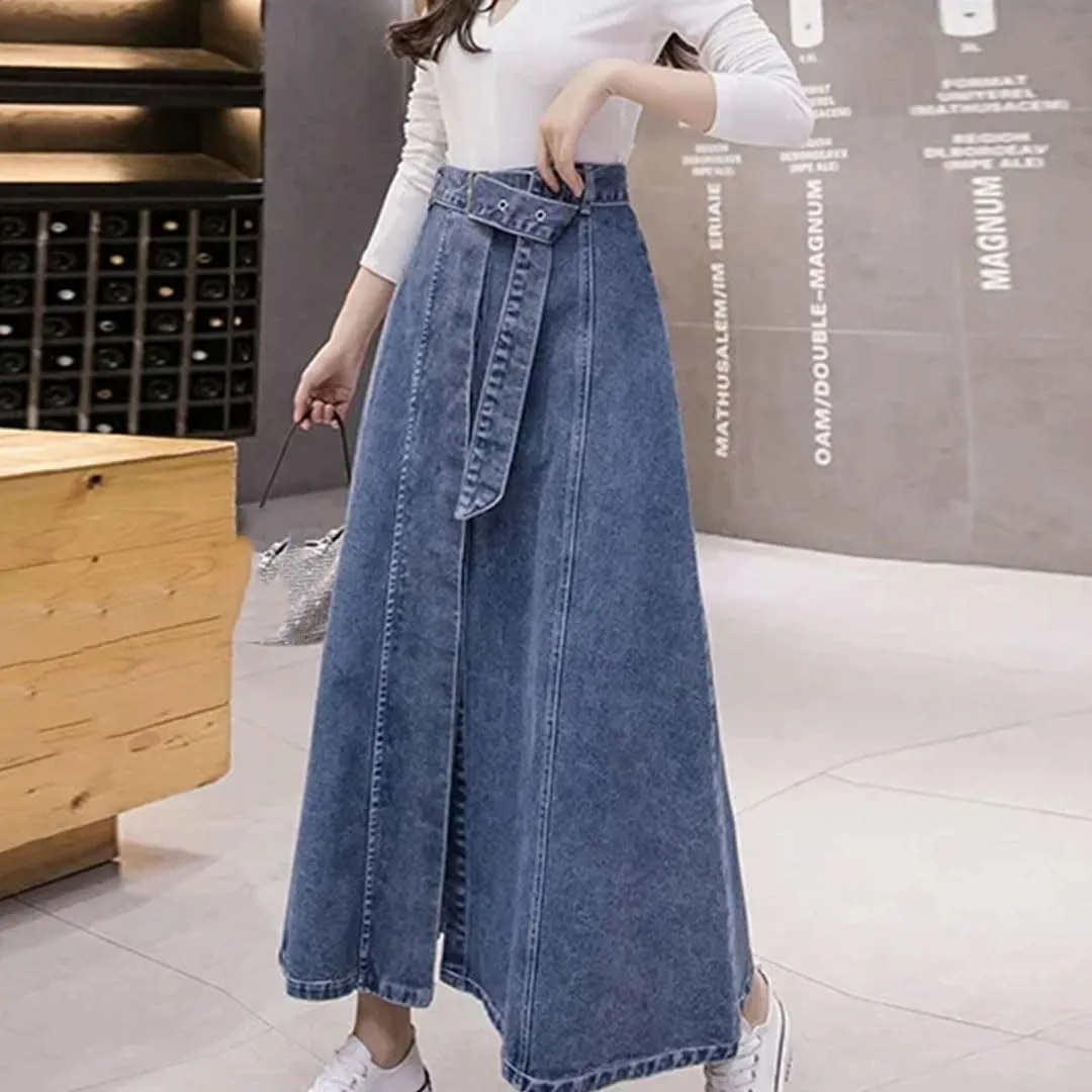 Women's High-Waisted A-Line Denim Skirt Semi-Long Umbrella Button Spring Casual Skirt
