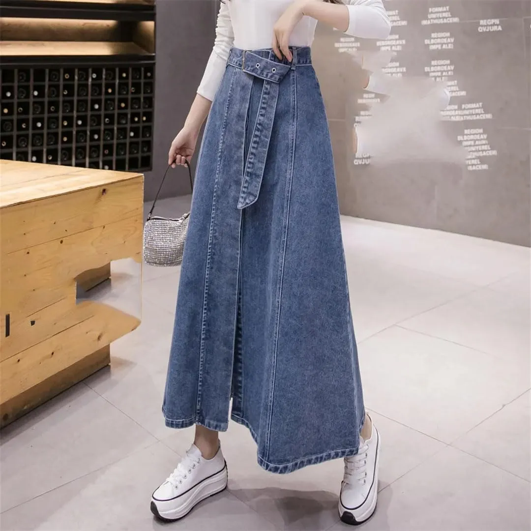 Women's High-Waisted A-Line Denim Skirt Semi-Long Umbrella Button Spring Casual Skirt