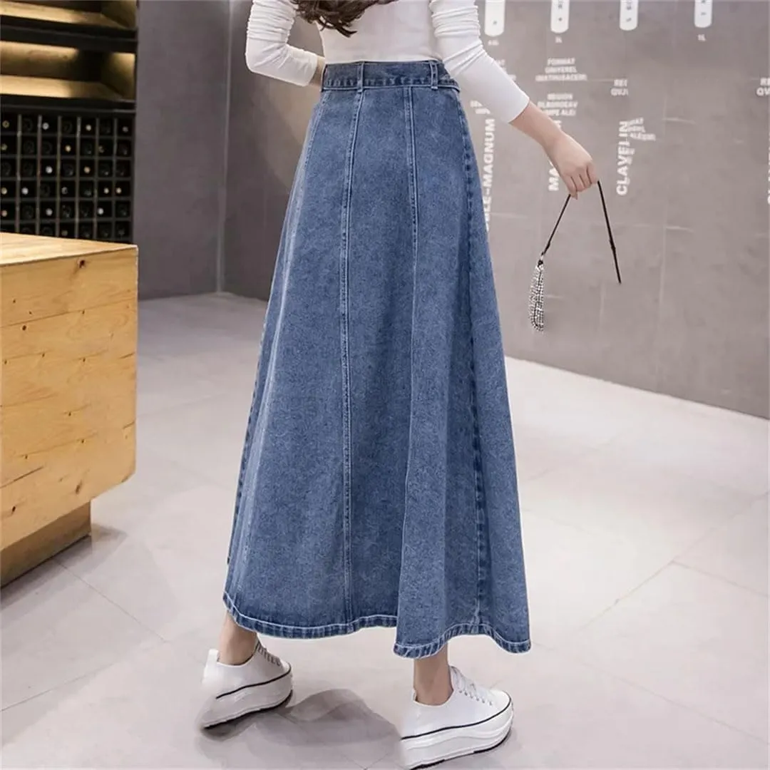 Women's High-Waisted A-Line Denim Skirt Semi-Long Umbrella Button Spring Casual Skirt