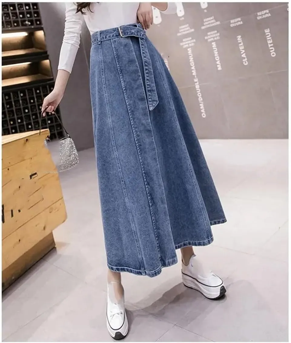 Women's High-Waisted A-Line Denim Skirt Semi-Long Umbrella Button Spring Casual Skirt