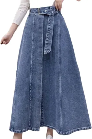 Women's High-Waisted A-Line Denim Skirt Semi-Long Umbrella Button Spring Casual Skirt