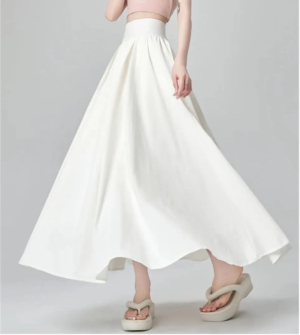 Women's Korean Fashion Maxi Skirt, High Waist Casual Sweet A-Line White/Black/Pink