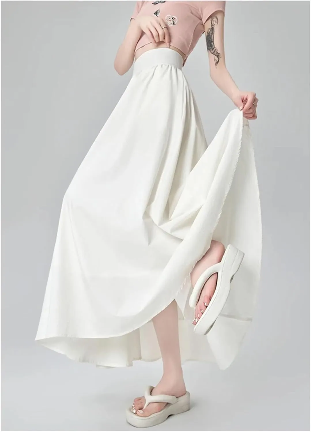 Women's Korean Fashion Maxi Skirt, High Waist Casual Sweet A-Line White/Black/Pink