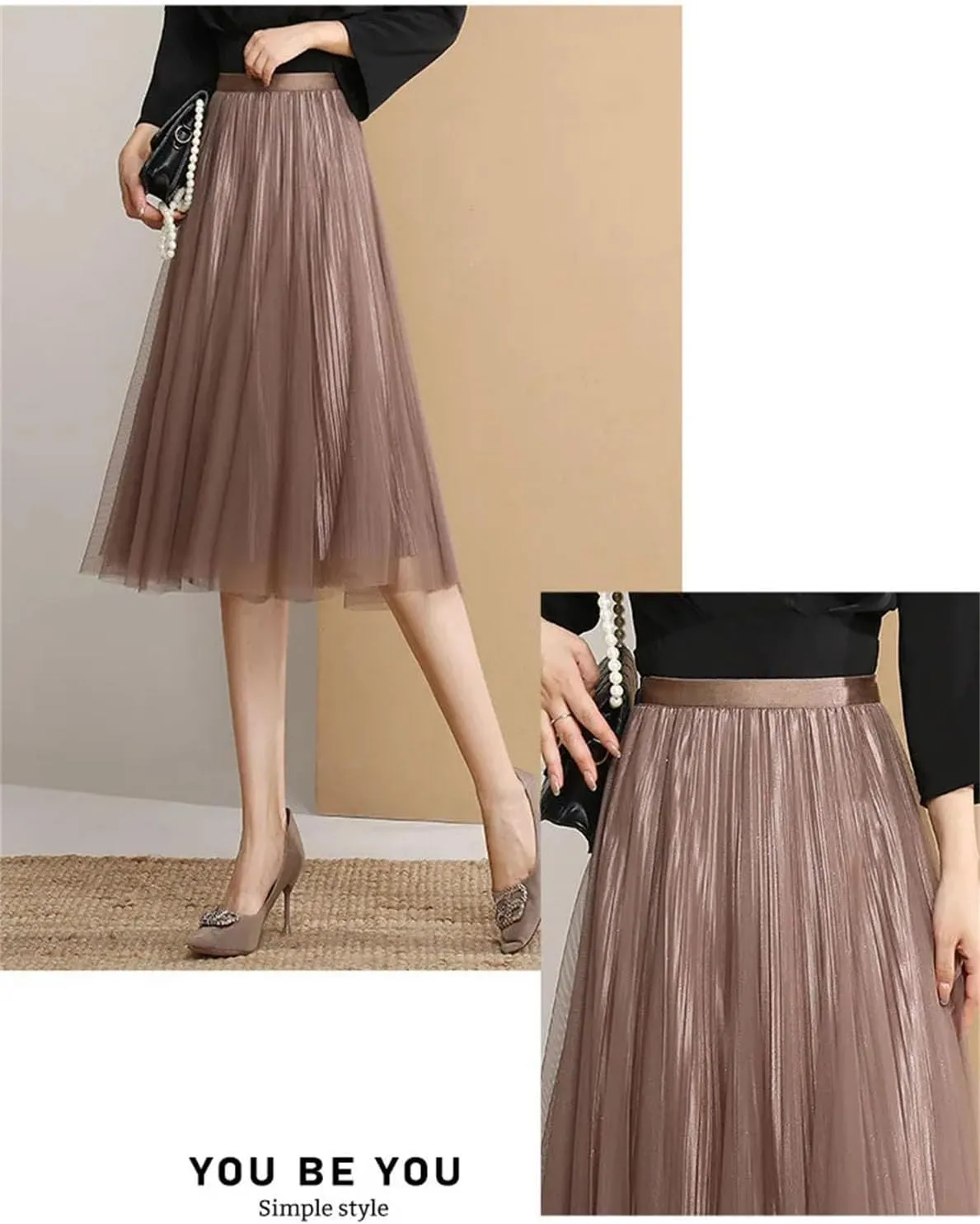 Women's Reversible Mesh Skirt, Shiny Pleated Midi Design