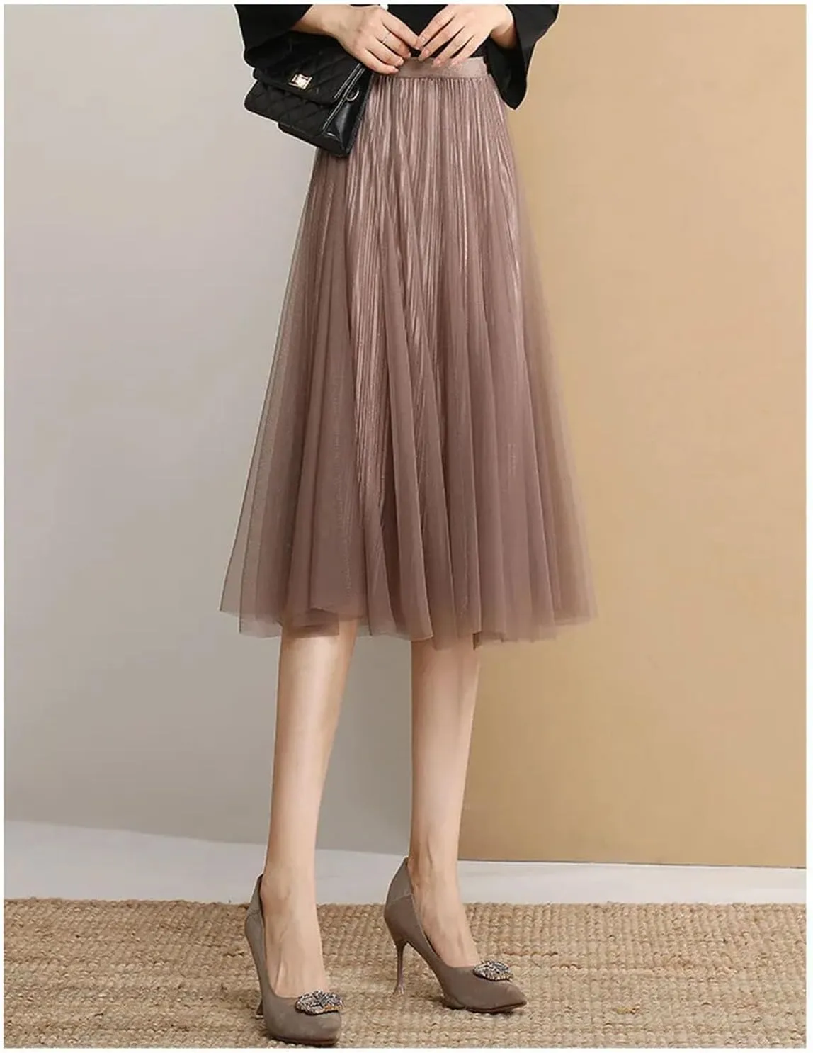 Women's Reversible Mesh Skirt, Shiny Pleated Midi Design