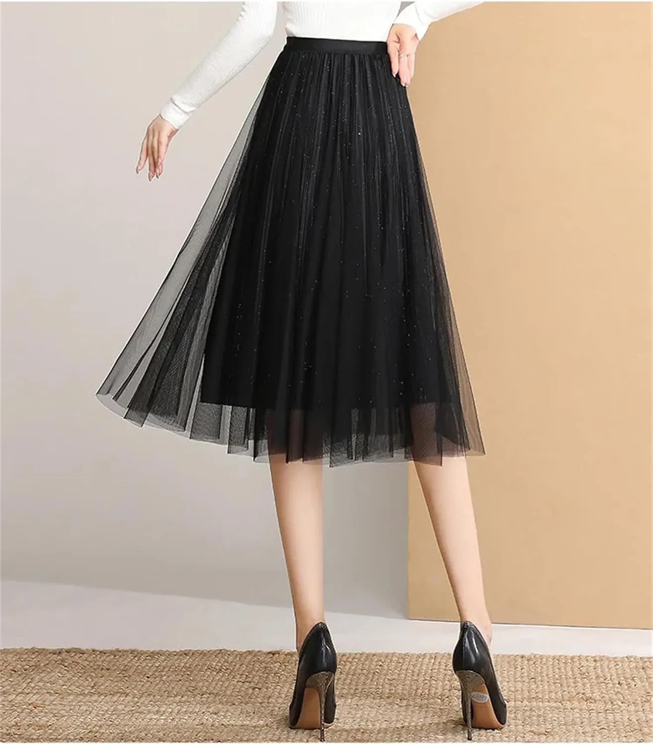 Women's Reversible Mesh Skirt, Shiny Pleated Midi Design
