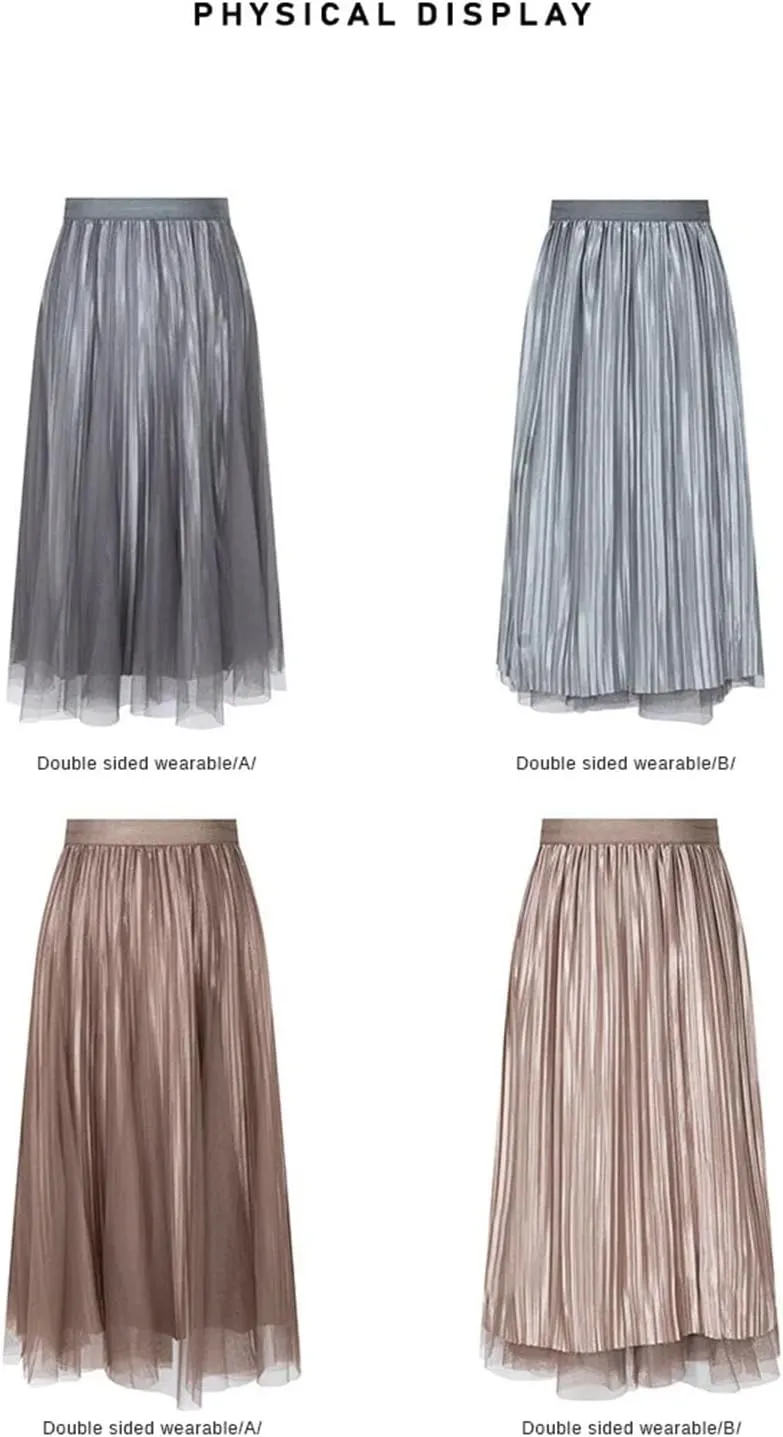 Women's Reversible Mesh Skirt, Shiny Pleated Midi Design
