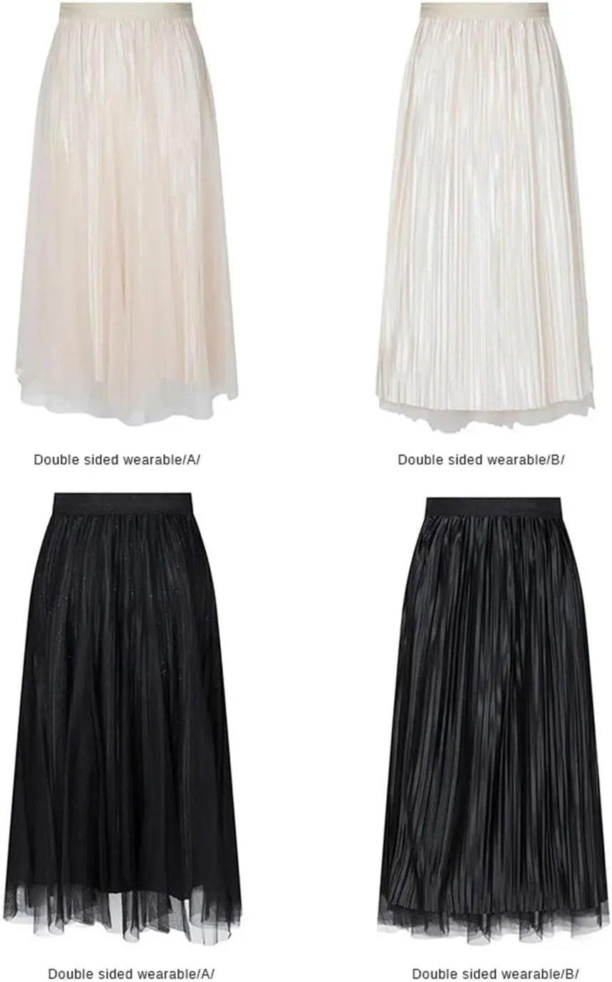 Women's Reversible Mesh Skirt, Shiny Pleated Midi Design