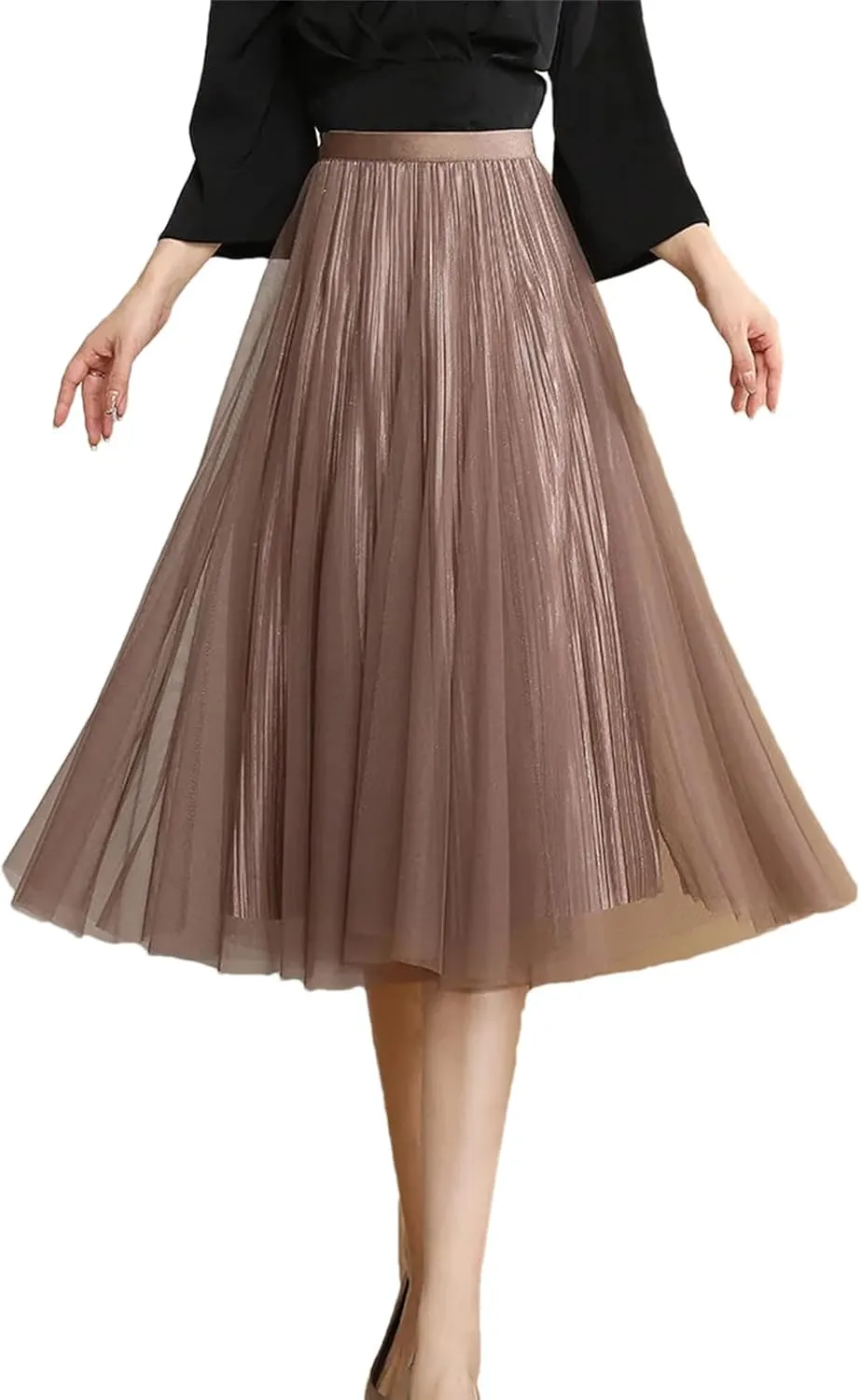 Women's Reversible Mesh Skirt, Shiny Pleated Midi Design