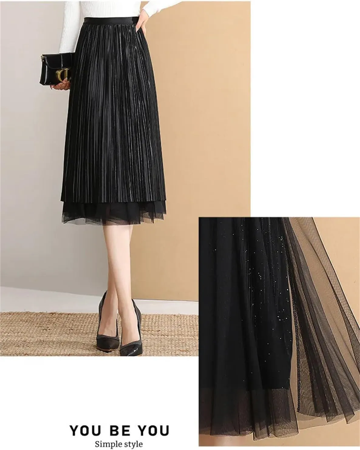 Women's Reversible Mesh Skirt, Shiny Pleated Midi Design