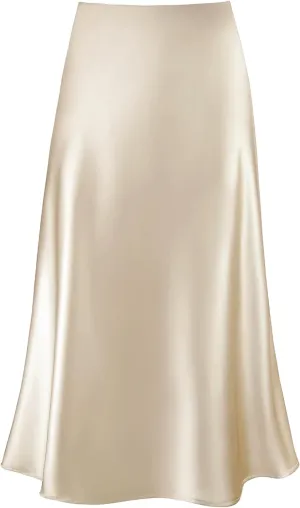 Women's Satin High Waist Hidden Elasticized Waistband Flared Casual A Line Midi Skirt